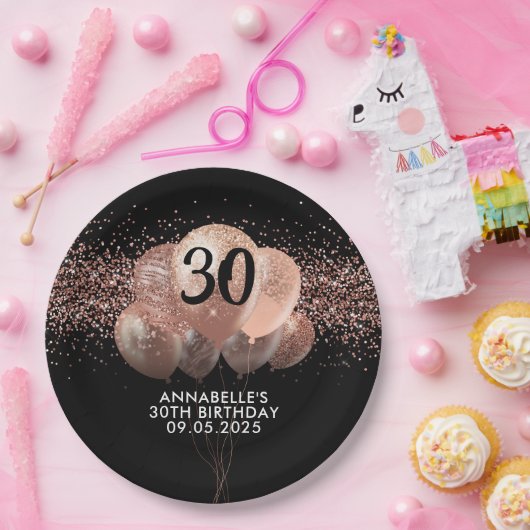 Zwarte Roos Gold Glitter Sparkle Ballon Birthday Papieren Bordje (Feest)