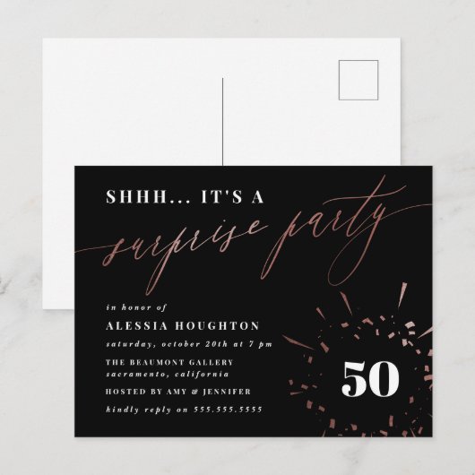 Zwarte & Roos Gold-kalligrafie Uitnodiging Briefkaart (Voorkant / Achterkant)