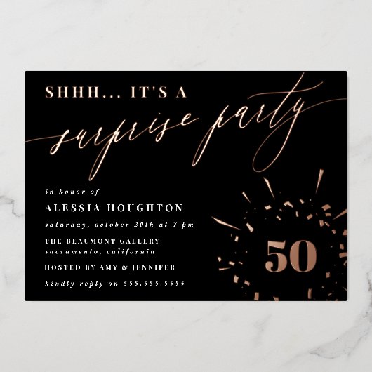 Zwarte & Roos Gold Script Enterprise Party Folie Uitnodiging (Voorkant)