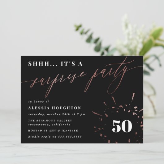 Zwarte & Roos Gold Script Enterprise Party Kaart (Staand voorkant)