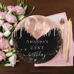 Zwarte roos goudballonnen papieren bordje<br><div class="desc">Voor een elegant 21ste (of elke leeftijd) verjaardagsfeestje. Een chique zwarte achtergrond. Versierd met roos gouden faux glitter druppels,  lak druppelen look,  glitter sparkles en ballonnen. Personaliseer en voeg de naam en leeftijd 21.</div>