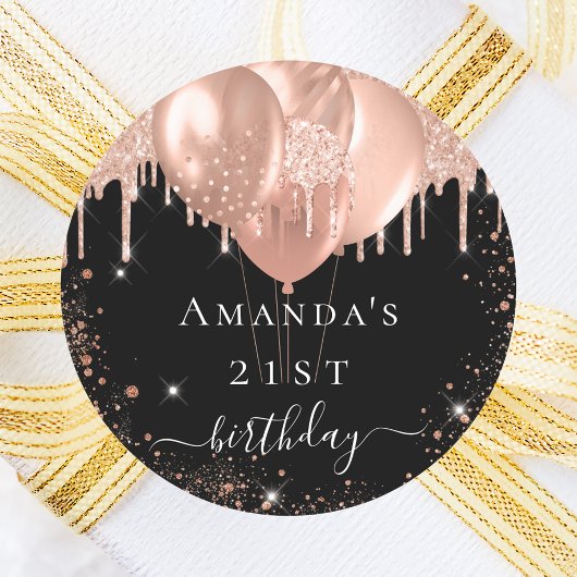 Zwarte roos goudballonnen ronde sticker