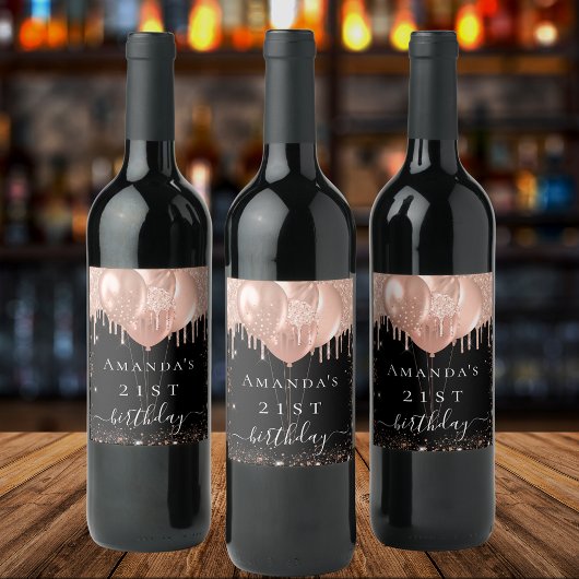 Zwarte roos goudballonnen wijn etiket