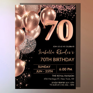 Zwarte Roos Gouden Ballonnen 70e Verjaardagsuitnod Kaart