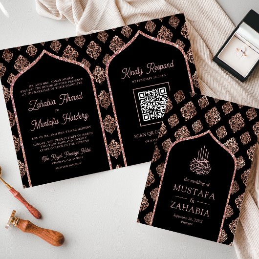 Zwarte Roos Gouden Damast Boog QR Code Moslim Trou
