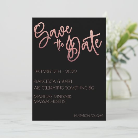 Zwarte Roos Gouden Glitter Art Deco Bruiloft Save The Date (Staand voorkant)
