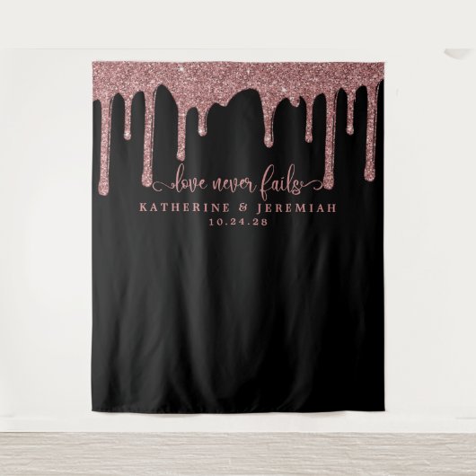 Zwarte Roos Gouden Glitter Drips Trouw Achtergrond Wandkleed (Voorkant)