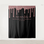 Zwarte Roos Gouden Glitter Drips Trouwachtergrond Wandkleed (Voorkant)