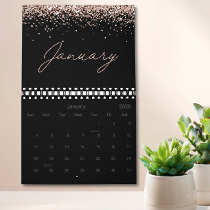 Zwarte Roos Gouden Glitter Elegante Moderne Script Kalender