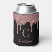 Zwarte Roos Gouden Glitter Glans Druppels Monogram Blikjeskoeler (Blikje Achterkant)