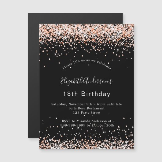 Zwarte roos gouden glitter luxe feestdag magnetische uitnodiging (Voorkant / Achterkant)