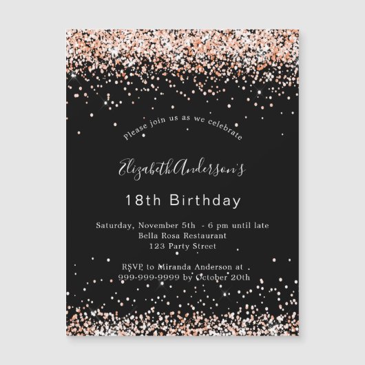 Zwarte roos gouden glitter luxe feestdag magnetische uitnodiging (Voorkant)