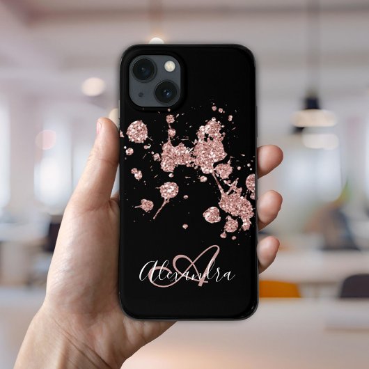 Zwarte Roos Gouden Glitter Vonken Monogram Case-Mate iPhone Case