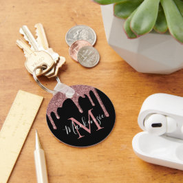 Zwarte Roos Gouden Glitterdruppels Monogram Sleutelhanger