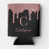 Zwarte Roos Gouden Glitterdrups Monogram Blikjeskoeler (Voorkant)