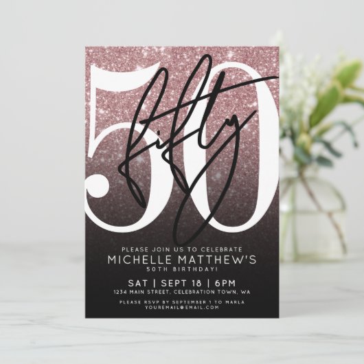 Zwarte Roos Gouden Glitters 50e Verjaardag Kaart (Staand voorkant)