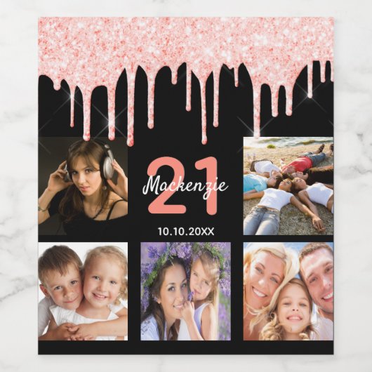 Zwarte roos goudglitter foto van Birthday Wijn Etiket (Enkel label)