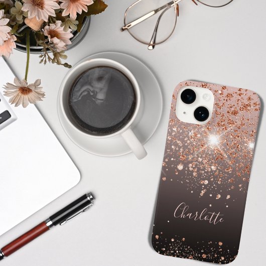 Zwarte roos goudglitternaam Case-Mate iPhone case