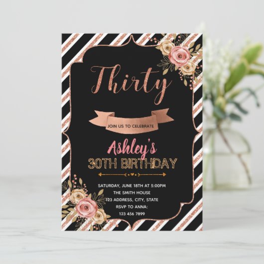Zwarte roos goudverjaardag uitnodiging (Staand voorkant)