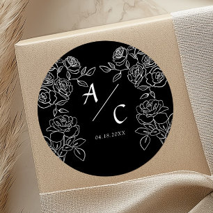 Zwarte Roos Huwelijksmonogram Romantische Initiale Ronde Sticker