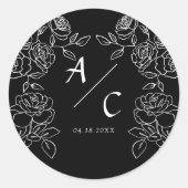 Zwarte Roos Huwelijksmonogram Romantische Initiale Ronde Sticker (Voorkant)
