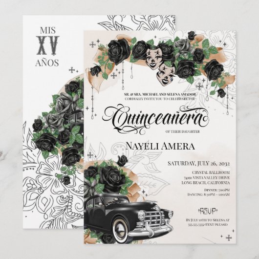 Zwarte Roos Klassieke Lowrider Oldies Chola Quince Kaart (Voorkant / Achterkant)