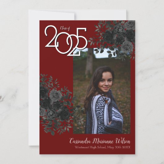 Zwarte Roos Maroon Gothic Afstuderen kondiging Kaart (Voorkant)