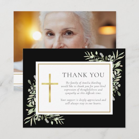 Zwarte rouwfoto met waterverf groen christelijk bedankkaart (Voorkant / Achterkant)