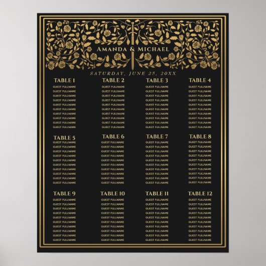 Zwarte Royal Medieval Sword Wedding Seding Chart Poster (Voorkant)