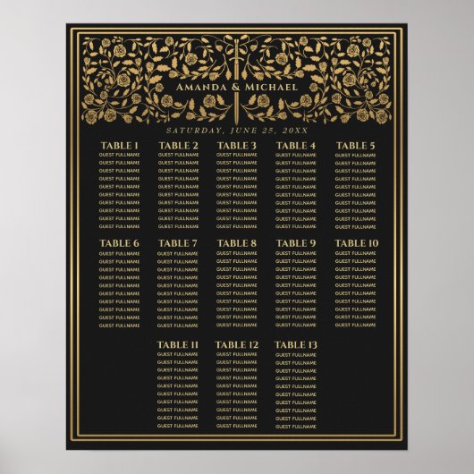 Zwarte Royal Medieval Sword Wedding Seding Chart Poster (Voorkant)