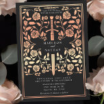 Zwarte Royal Middeleeuws Roos Gold Sword Wedding Kaart<br><div class="desc">Stap in een verhaal van romance en legende! Deze middeleeuwse fantasie huwelijksuitnodigingen zijn voorzien van een vorstelijk zwaard verstrengeld met rozen gouden bloemen op een zwarte achtergrond. Ze zijn perfect voor koppels die op zoek zijn naar een betoverende en tijdloze touch voor hun speciale dag. Merk op dat het roos...</div>
