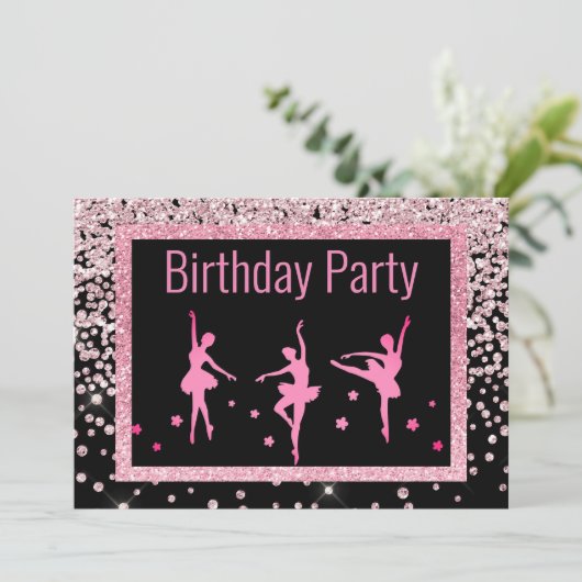 Zwarte roze ballerina Sparkle Childrens Birthday Kaart (Staand voorkant)