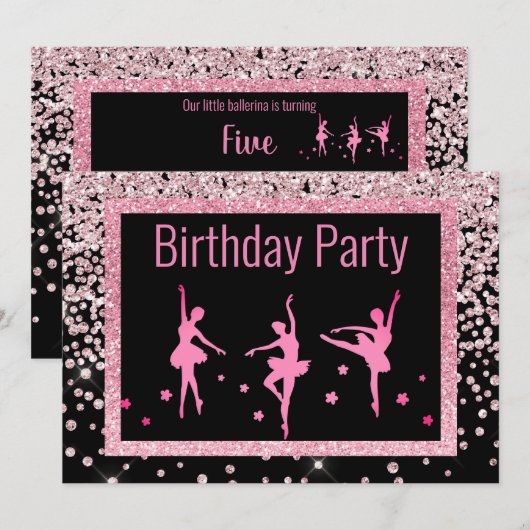 Zwarte roze ballerina Sparkle Childrens Birthday Kaart (Voorkant / Achterkant)