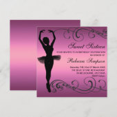 Zwarte & Roze Ballerina & Swirl Verjaardag Uitnodi Kaart (Voorkant / Achterkant)