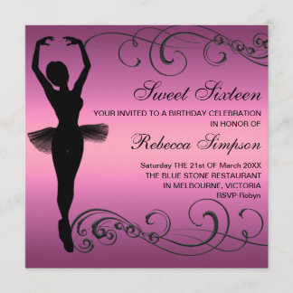 Zwarte & Roze Ballerina & Swirl Verjaardag Uitnodi Kaart