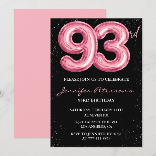 Zwarte Roze Ballon Glam 93ste verjaardag Kaart (Voorkant / Achterkant)