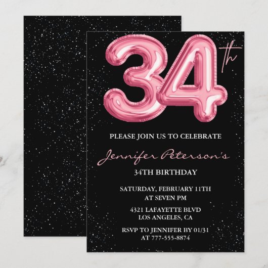 Zwarte Roze Ballon Glam Glitter 34e verjaardag Kaart (Voorkant / Achterkant)