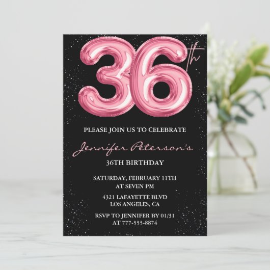 Zwarte Roze Ballon Glam Glitter 36e verjaardag Kaart (Staand voorkant)