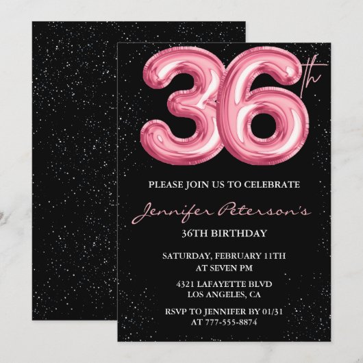 Zwarte Roze Ballon Glam Glitter 36e verjaardag Kaart (Voorkant / Achterkant)