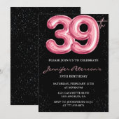 Zwarte Roze Ballon Glam Glitter 39ste verjaardag Kaart (Voorkant / Achterkant)