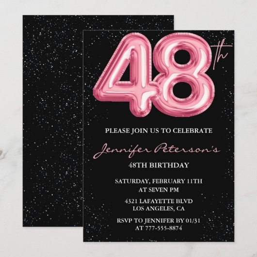 Zwarte Roze Ballon Glam Glitter 48e verjaardag Kaart (Voorkant / Achterkant)