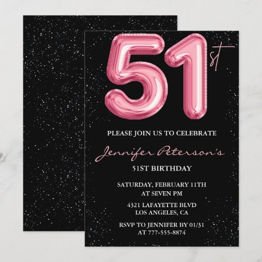 Zwarte Roze Ballon Glam Glitter 51ste verjaardag Kaart (Voorkant / Achterkant)