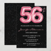 Zwarte Roze Ballon Glam Glitter 56e verjaardag Kaart (Voorkant / Achterkant)