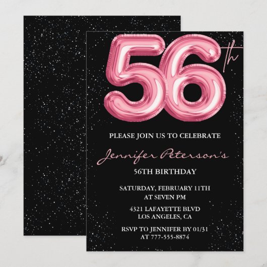 Zwarte Roze Ballon Glam Glitter 56e verjaardag Kaart (Voorkant / Achterkant)