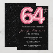 Zwarte Roze Ballon Glam Glitter 64e verjaardag Kaart (Voorkant / Achterkant)