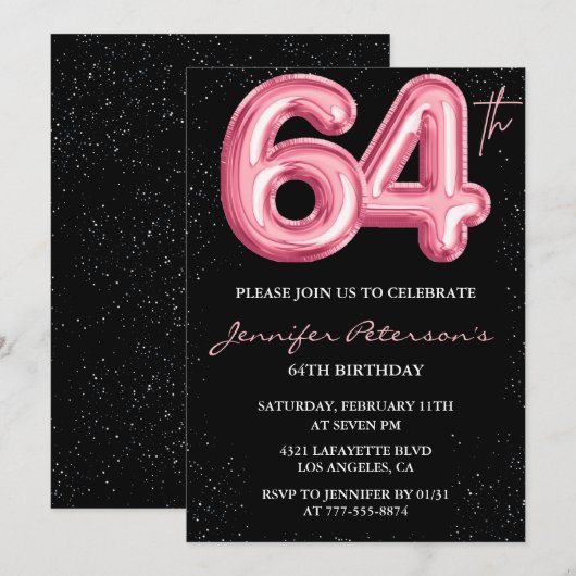 Zwarte Roze Ballon Glam Glitter 64e verjaardag Kaart (Voorkant / Achterkant)