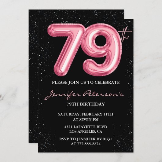 Zwarte Roze Ballon Glam Glitter 79ste verjaardag Kaart (Voorkant / Achterkant)