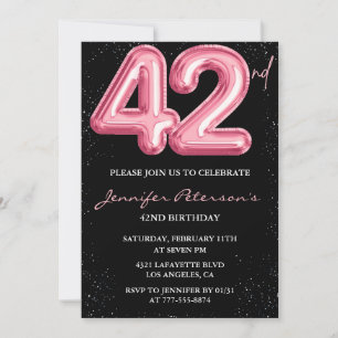 Zwarte Roze Ballon Glam Glitters 42e verjaardag Kaart