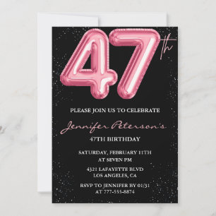 Zwarte Roze Ballon Glam Glitters 47e verjaardag Kaart