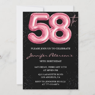 Zwarte Roze Ballon Glam Glitters 58ste verjaardag Kaart